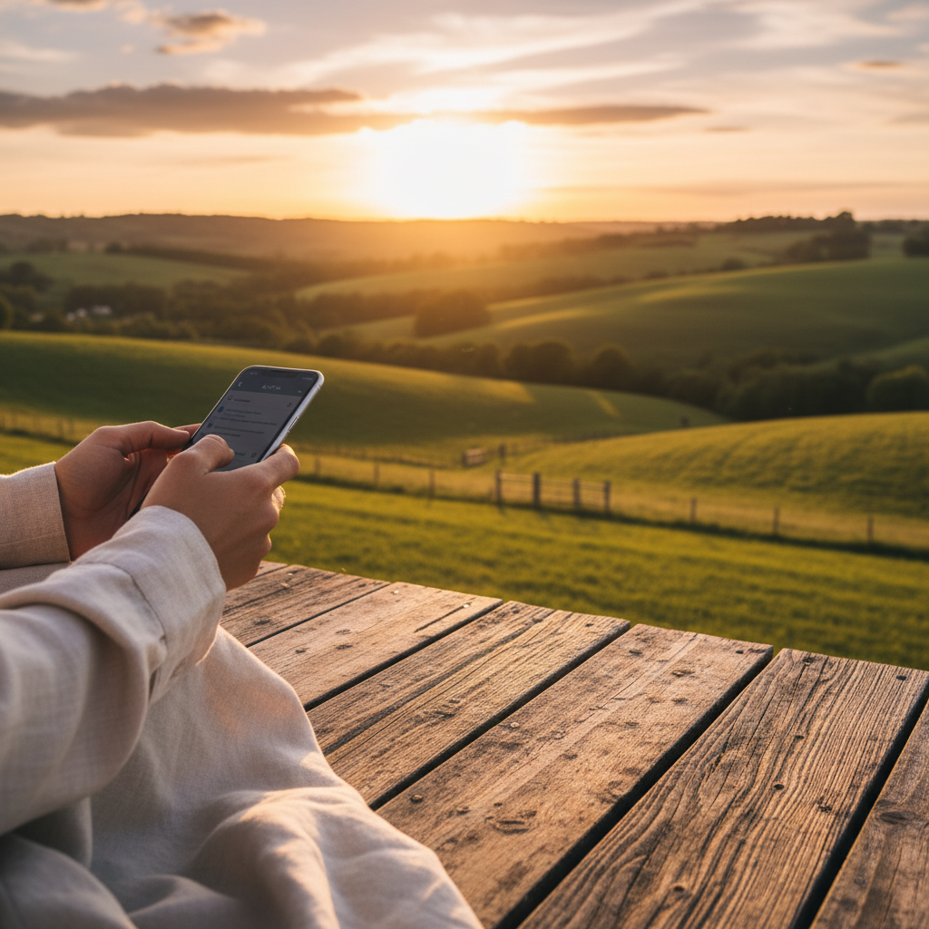 Hands holding a phone while looking out at nature - representing a thoughtful conversation with Sam